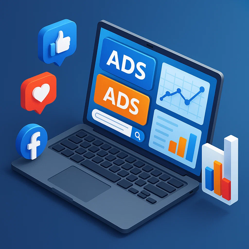 Visualisasi iklan digital modern dengan berbagai format mulai dari search, display, hingga social media ads