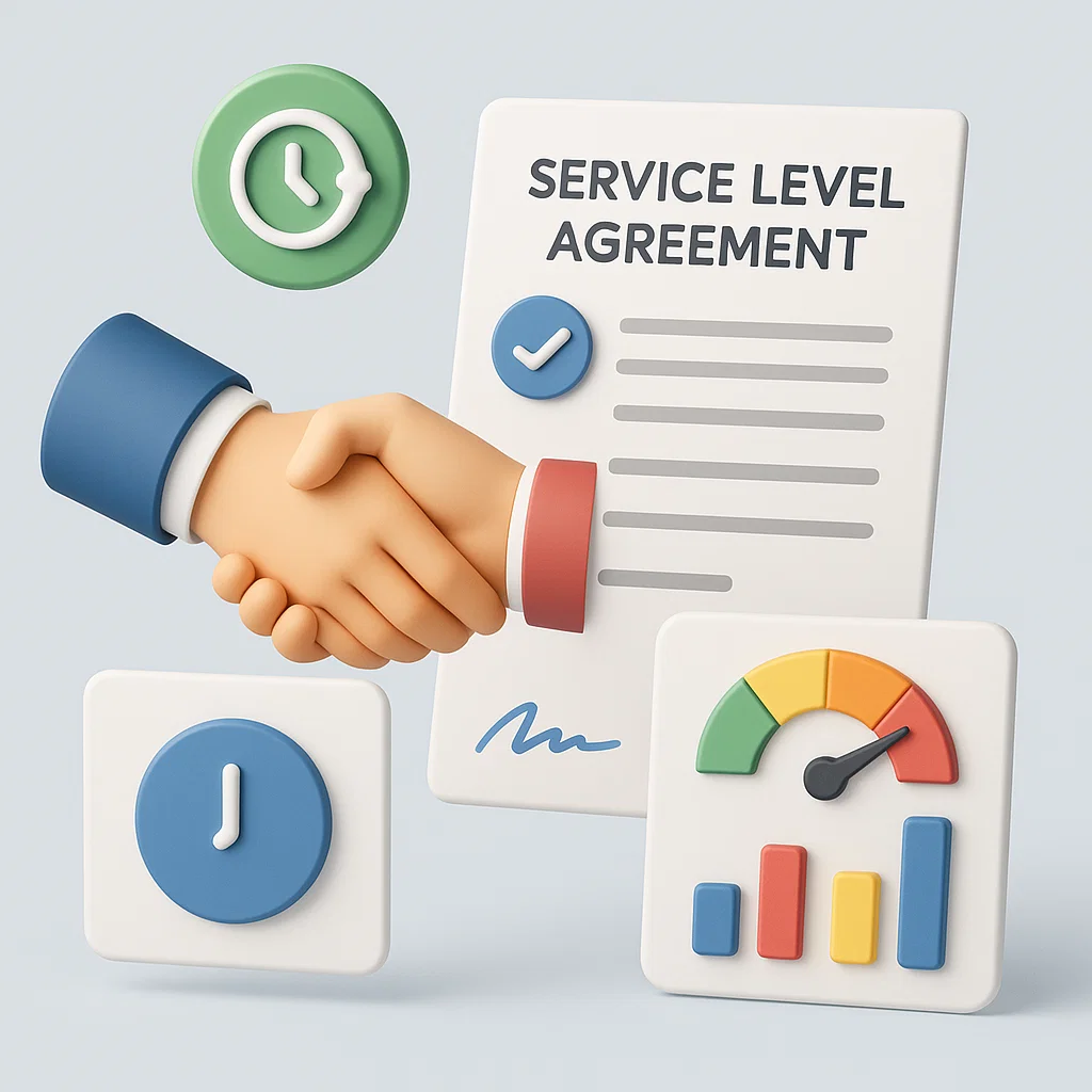 Visualisasi konsep SLA sebagai kontrak layanan dengan simbol kontrak, performa, dan kesepakatan