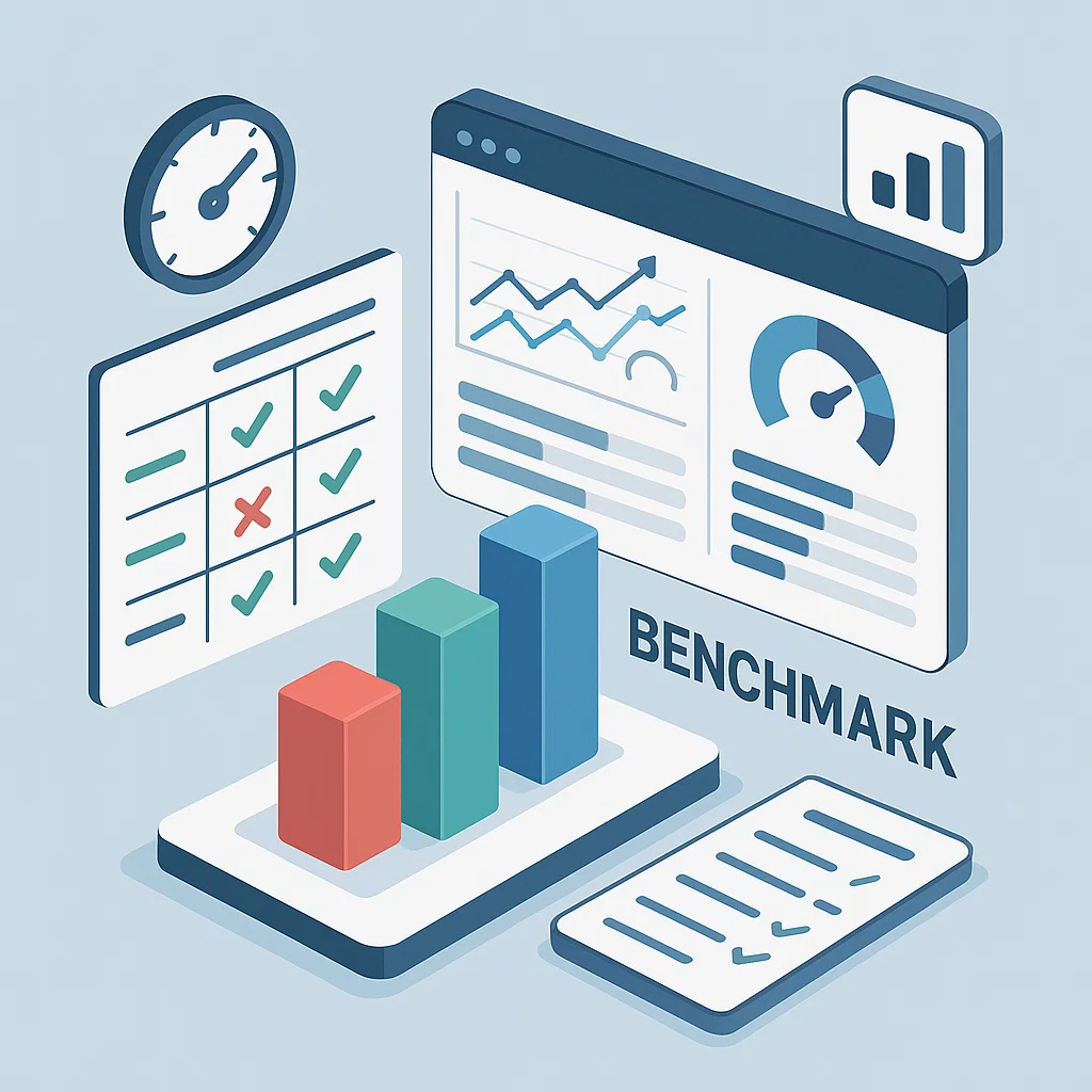 Visualisasi konsep benchmark sebagai tolok ukur performa dalam teknologi dan bisnis
