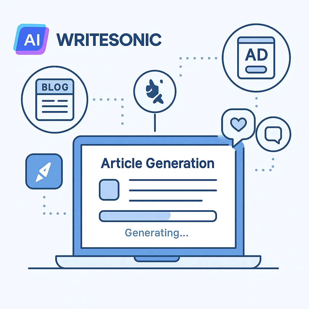 Ilustrasi antarmuka Writesonic AI untuk menulis berbagai jenis konten