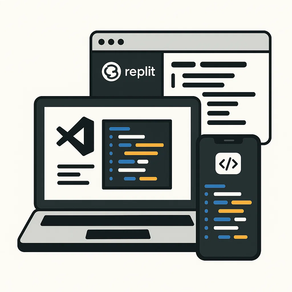 Ilustrasi berbagai aplikasi programming di perangkat berbeda