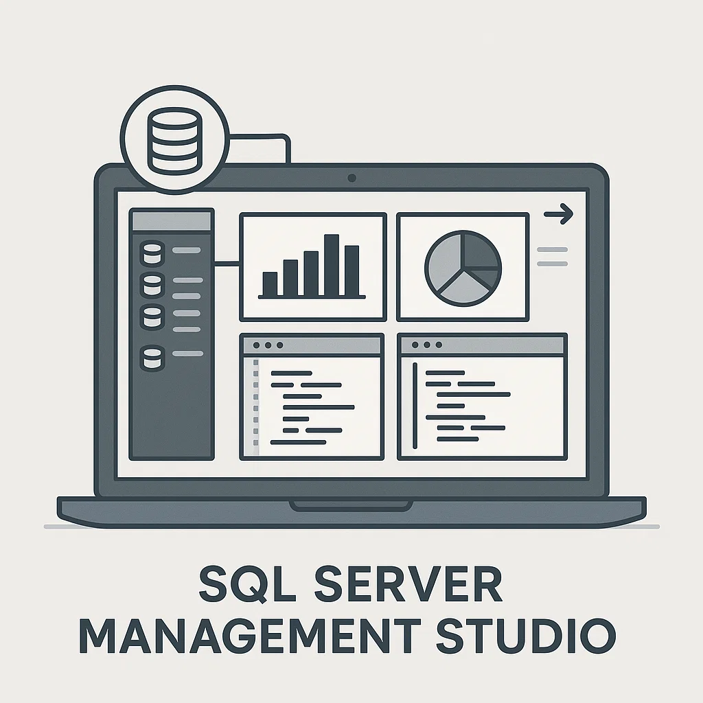 Tampilan ilustratif SQL Server Management Studio dengan fitur utama