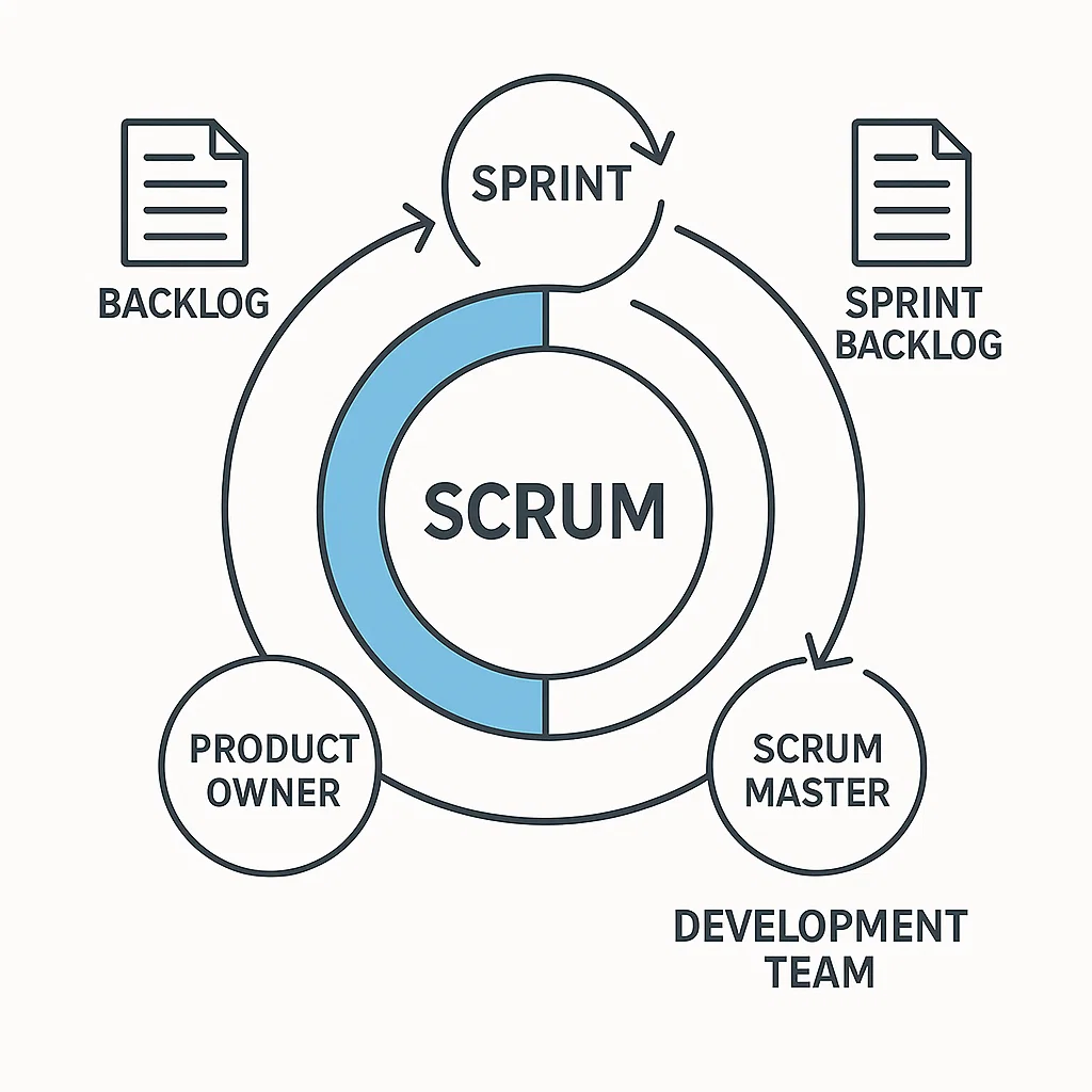 Visualisasi kerangka kerja Scrum dengan peran utama dan siklus sprint