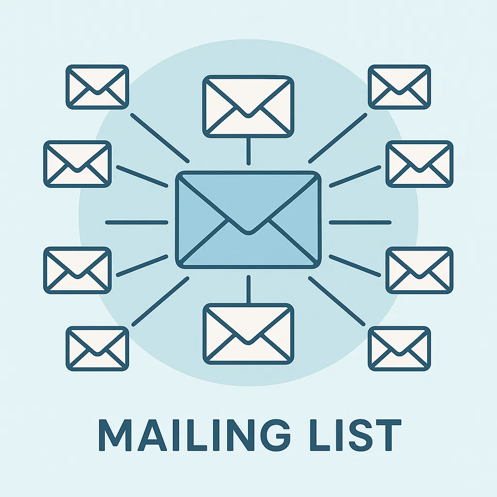 Visualisasi konsep mailing list sebagai distribusi email ke banyak penerima